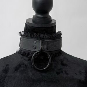 Black Leather O Ring Choker Necklace Collar Goth Punk Alt Ruffle Trim Adjustable